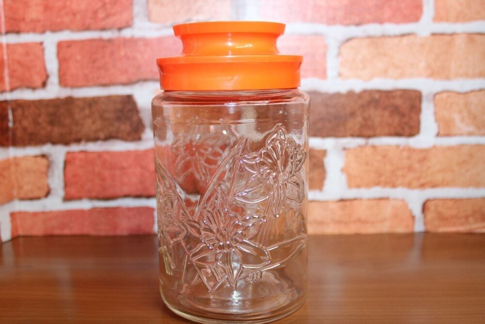 Vintage Anchor Hocking Daffodil Glass Jar Canister Lid Juice Jar